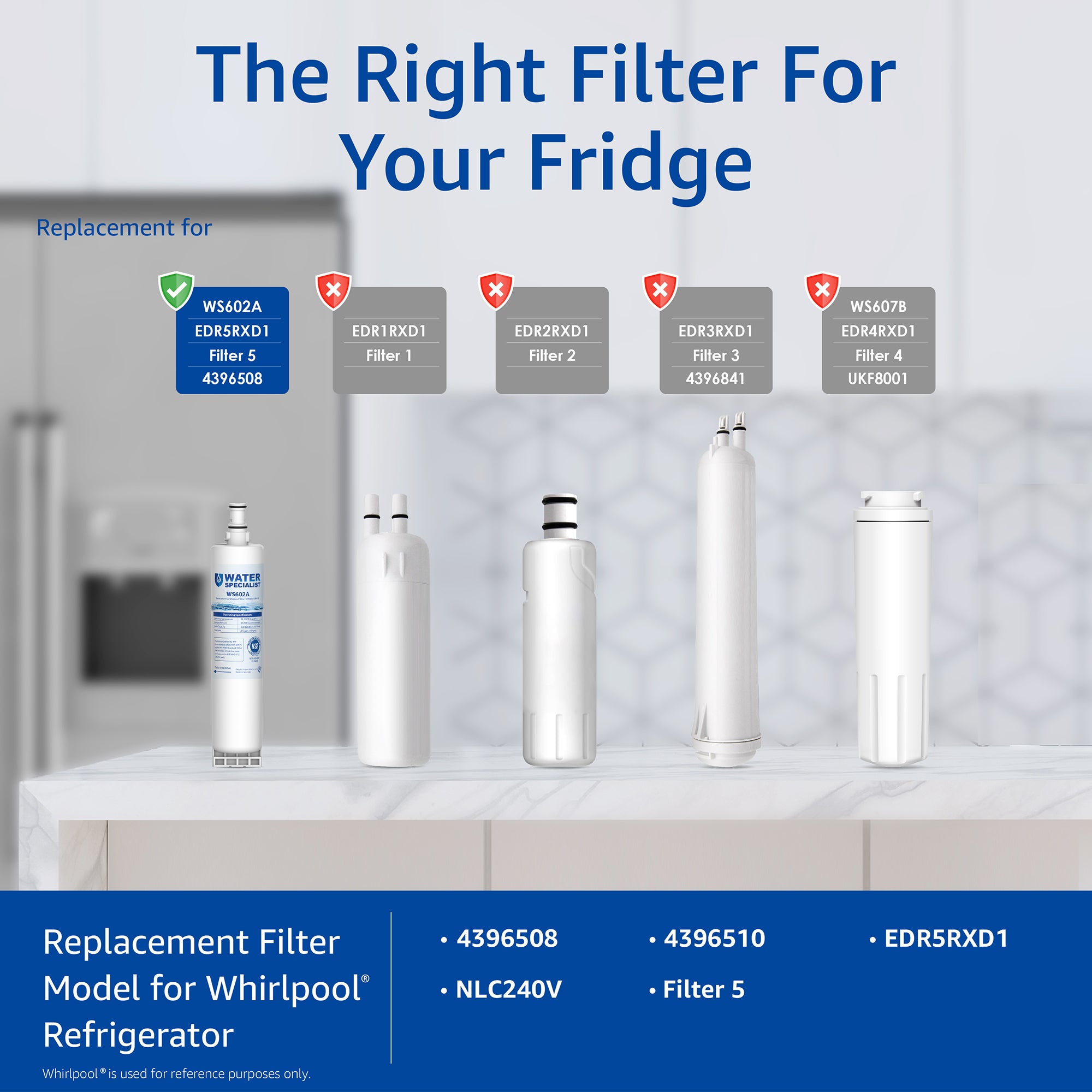 Waterspecialist 4396508 Refrigerator Water Filter, Replacement for Whirlpool ®EDR5RXD1, EveryDrop ®Filter 5, PUR W10186668, 4396510, 4396508P, 4392857, Kenmore 46-9010 (Pack of 3)