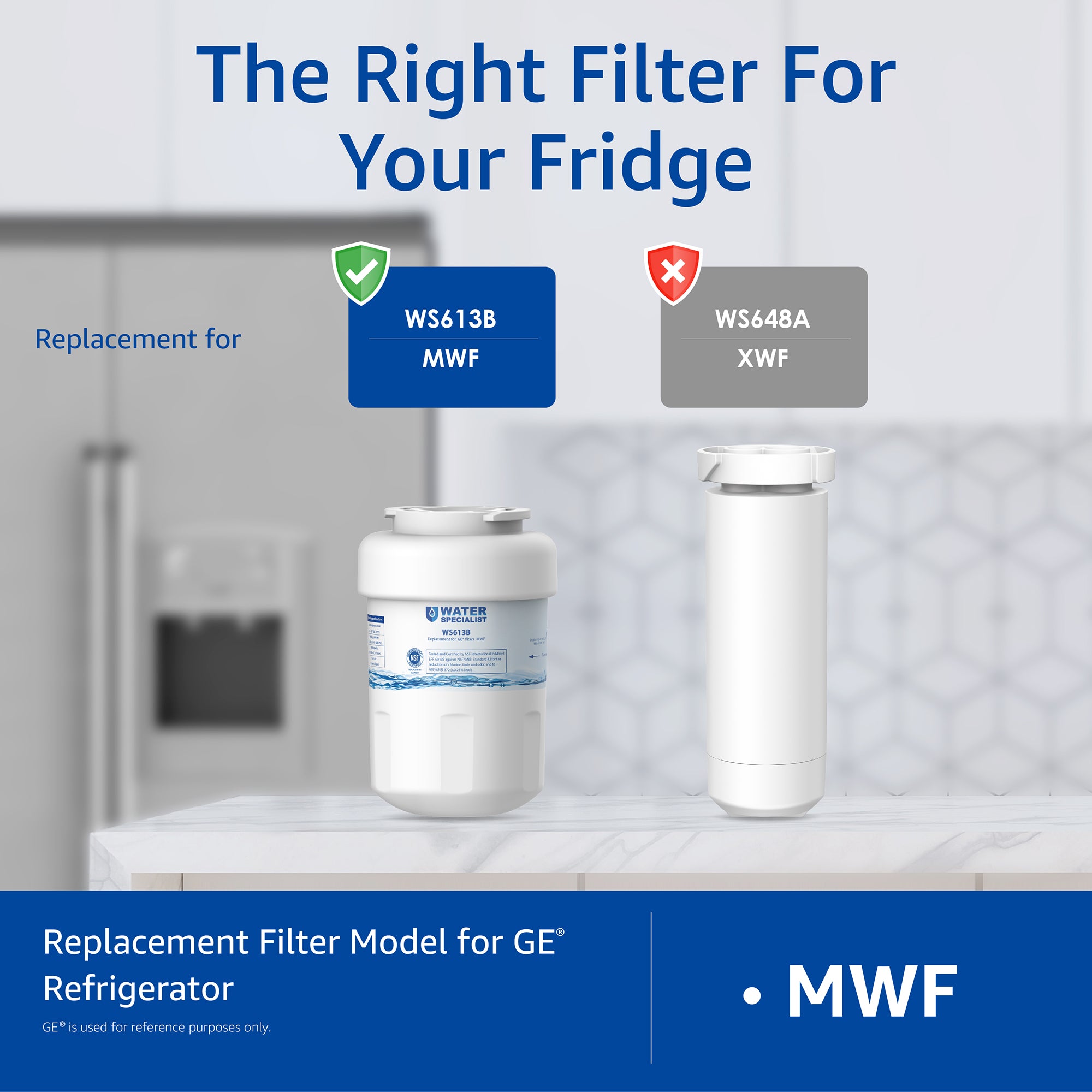Waterspecialist MWF Refrigerator Water Filter, Replacement for GE® Smart Water MWFP, MWFA, GWF, HDX FMG-1, WFC1201, GSE25GSHECSS, PC75009, RWF1060, 197D6321P006, NSF42&372 Certified, 4 Filters
