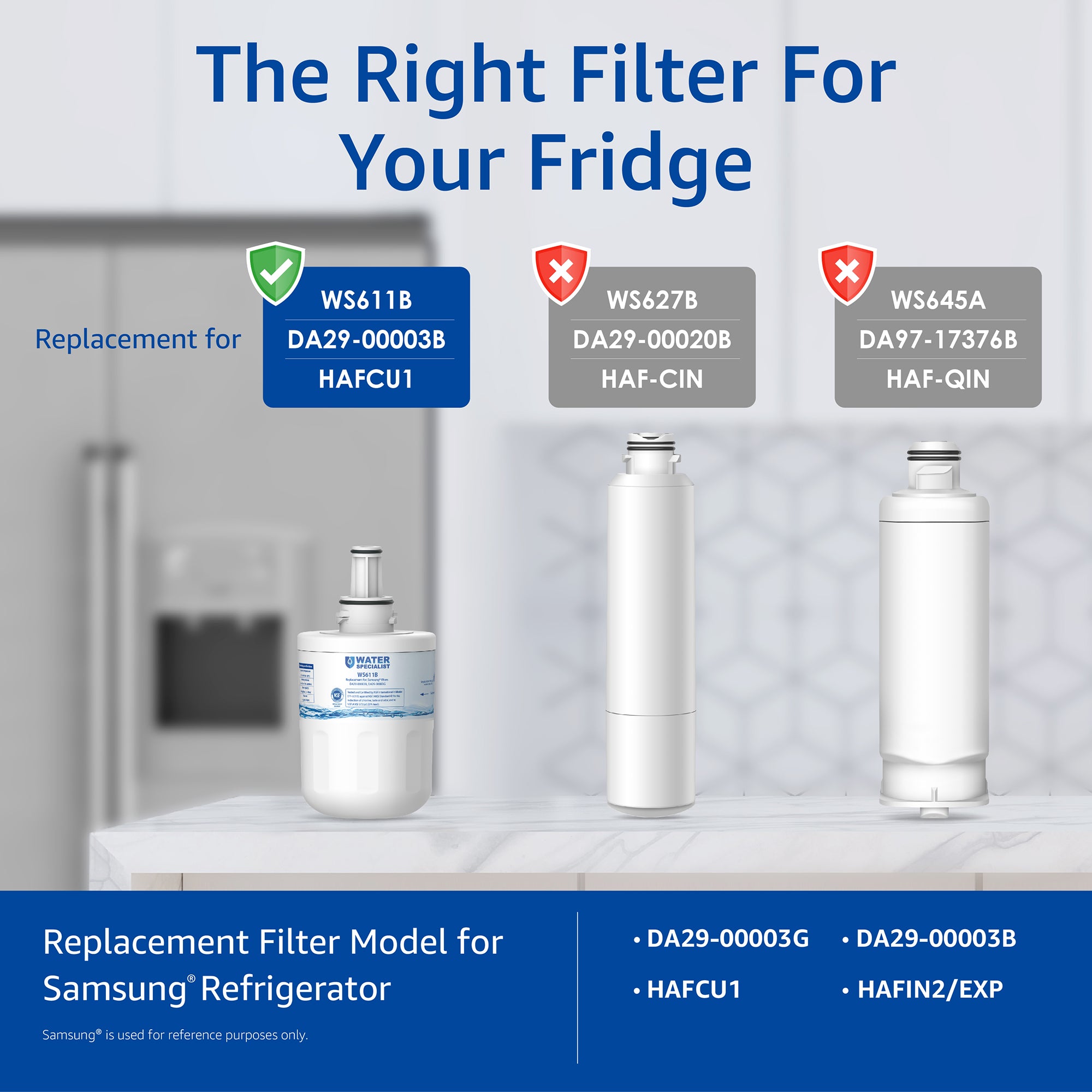 Waterspecialist DA29-00003G Refrigerator Water Filter, Replacement for Samsung DA29-00003B, RSG257AARS, RFG237AARS, HAFCU1, RS22HDHPNSR, WSS-1, 3 Filters