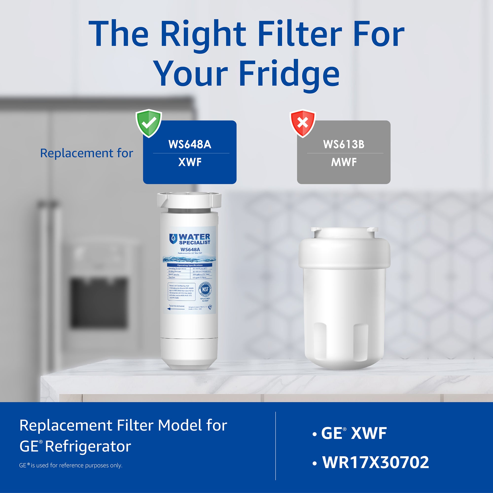 Waterspecialist XWF NSF Certified Refrigerator Water Filter, Replacement for GE® XWF, 3 Filters (Package may vary)