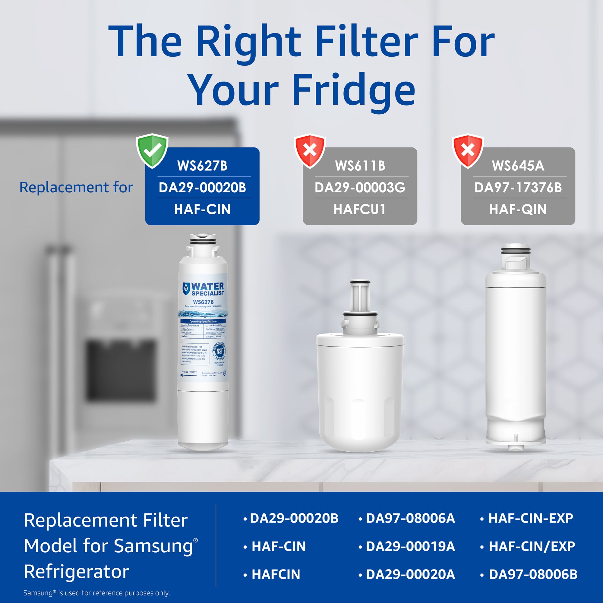 Waterspecialist DA29-00020B Refrigerator Water Filter, Replacement for Samsung DA29-00020A/B, HAF-CIN/EXP, DA29-00020B-1, RF25HMEDBSR, RF28HMEDBSR, RS25J500DSR&More Models, 2 Carbon Filters