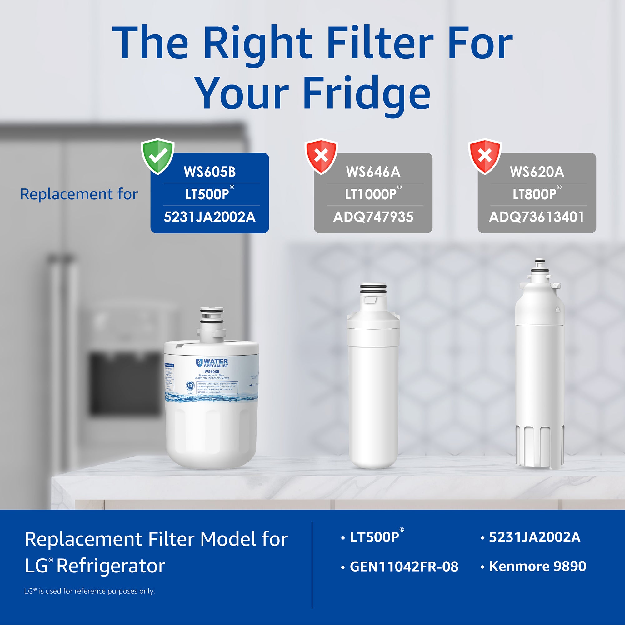 Waterspecialist 5231JA2002A Refrigerator Water Filter, Replacement for LG® LT500P®, ADQ72910911, GEN11042FR-08, LFX25974ST, ADQ72910901, ADQ72910907, Kenmore 9890, 46-9890 (Pack of 3)
