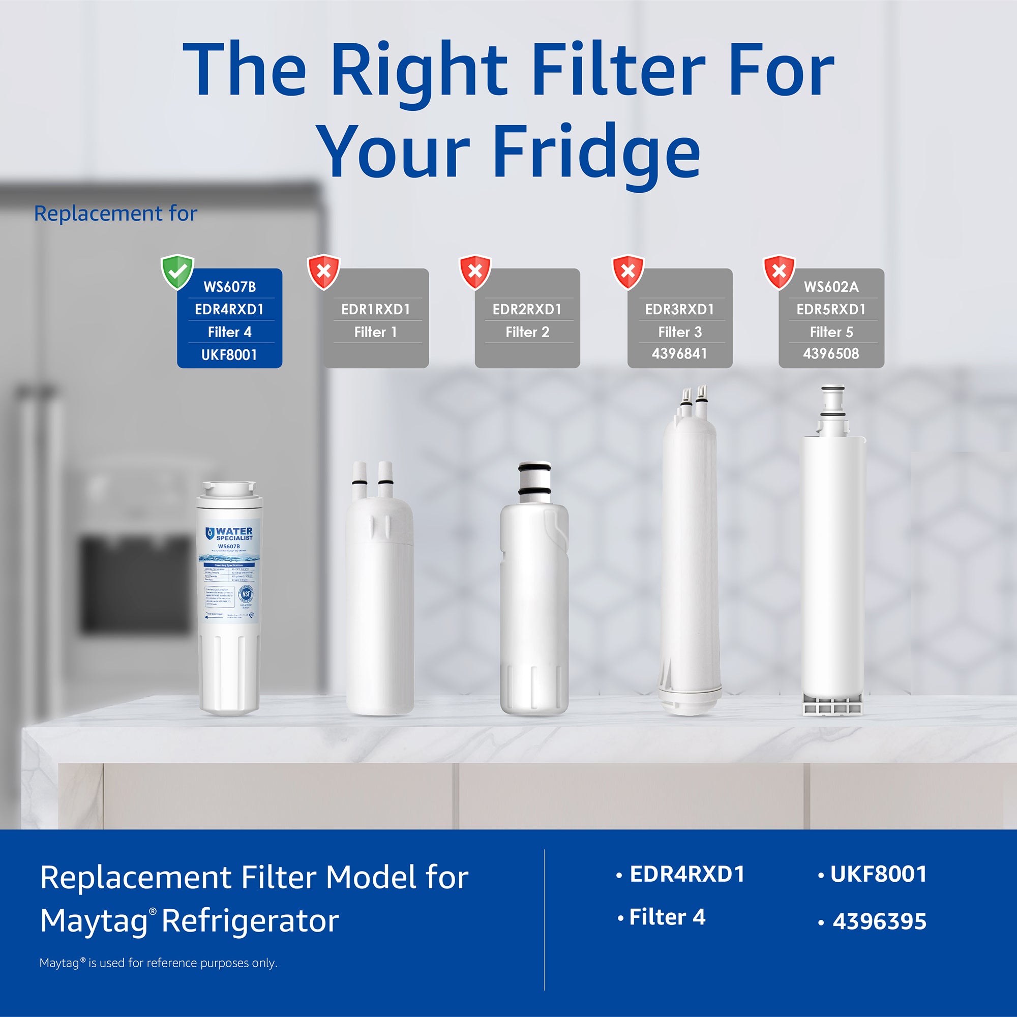 Waterspecialist UKF8001 Water Filter, Replacement for EveryDrop Filter 4, Whirlpool EDR4RXD1, 4396395, Wrx735sdbm00, Mfi2570fez Msd2651heb, Krfc300ess01, 469006, Pack of 3