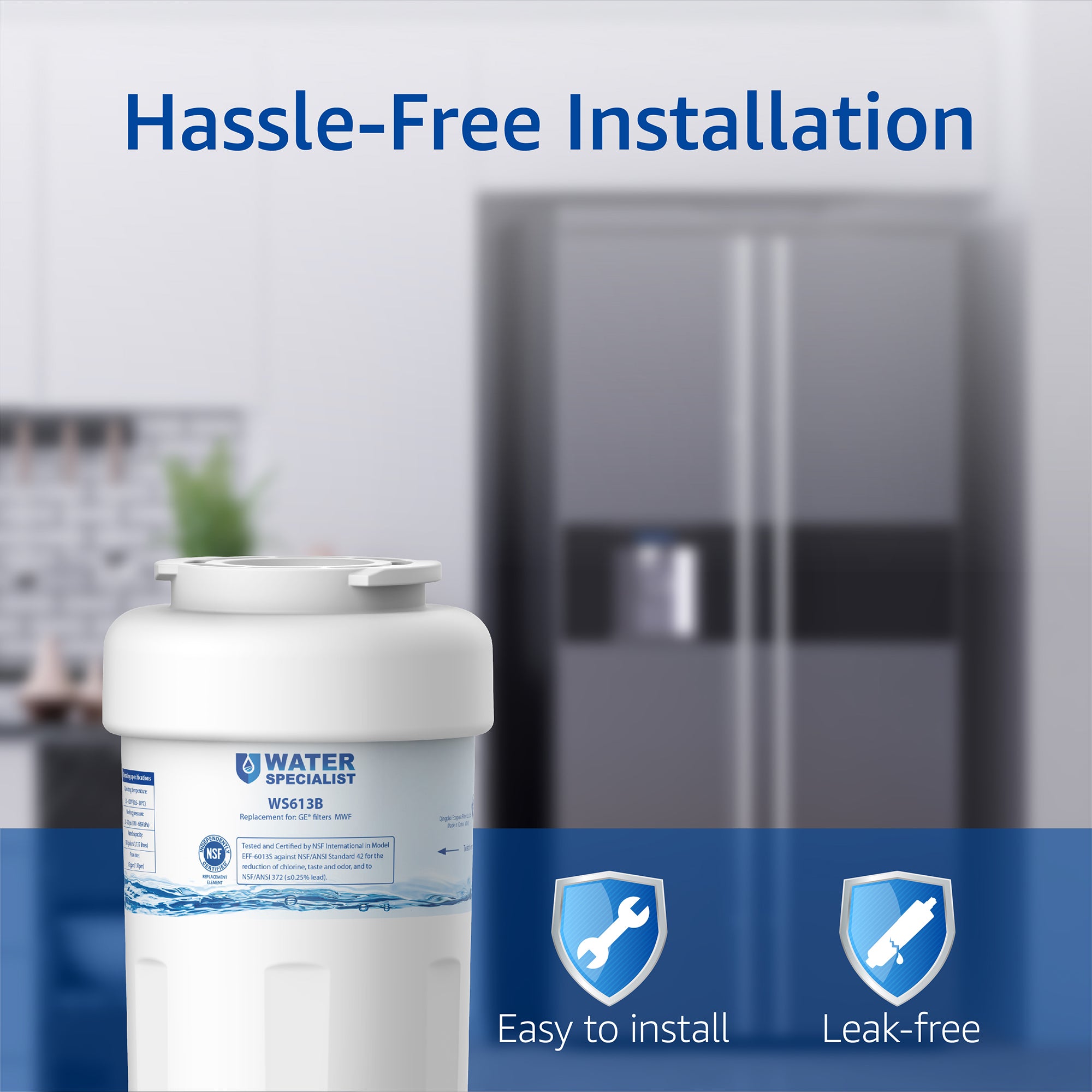 Waterspecialist MWF Refrigerator Water Filter, Replacement for GE® Smart Water MWFP, MWFA, GWF, HDX FMG-1, WFC1201, GSE25GSHECSS, PC75009, RWF1060, 197D6321P006, NSF42&372 Certified, 4 Filters